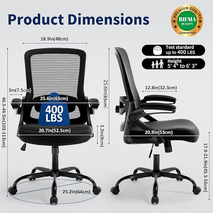 Ergonomic Office Chair, Desk Chair with Adjustable Lumbar Support, Breathable Mesh Comfy Computer Chairs with Flip-up Armrests Executive Task Chair for Adults Home Office (6Pcs)