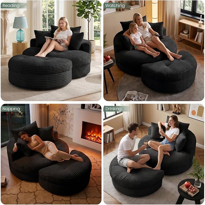 Oversized Round Chaise Lounge Chair, Deep Seat Cloud Boneless Floor Sofa Couch, Upholstered Corduroy Sleeper with 3 Pillows & Optional Ottoman, No Assembly Modern Lazy Floor Lounger for Living Room