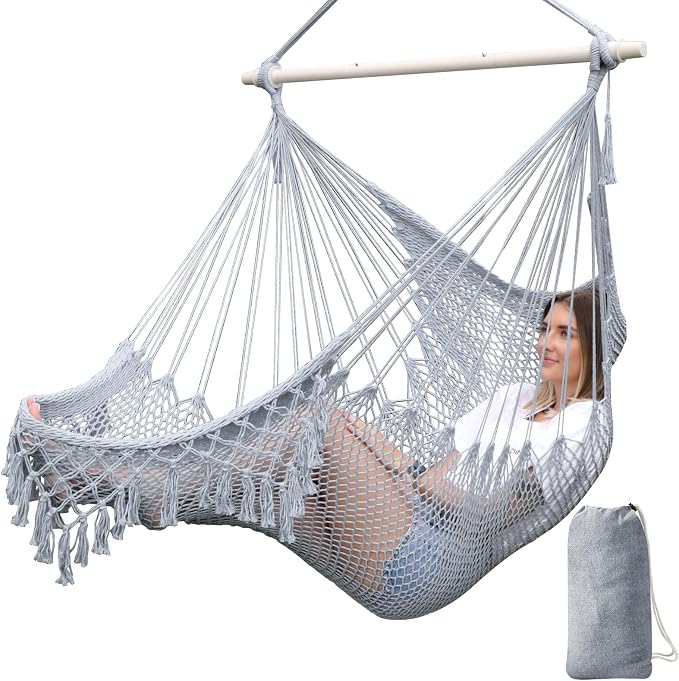 Chihee Hammock Chair Handmade Hanging Chair Cotton Rope Woven Hanging Seat Soft-Spun Large Stretch Hammock Swing, Collapsible Strong Metal Spreader Bar Elegant Macrame Comfort Indoor Outdoor Garden