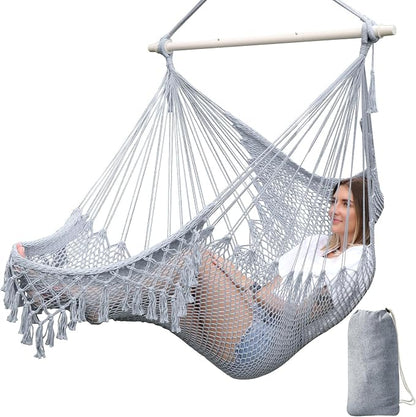 Chihee Hammock Chair Handmade Hanging Chair Cotton Rope Woven Hanging Seat Soft-Spun Large Stretch Hammock Swing, Collapsible Strong Metal Spreader Bar Elegant Macrame Comfort Indoor Outdoor Garden