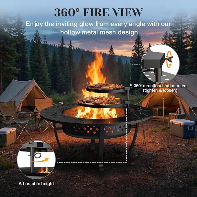 Outdoor Fire Pit, 43" Fire Pit for Outside Wood Burning with Adjustable 2 Grills, Firepit with Lid and Fire Poker, BBQ, Bonfire, Round Outdoor Fireplace 3 in 1 for Patio, Backyard, Garden, Camping