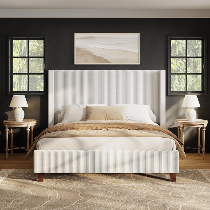 HOWE Queen Size Bed Frame with 50.8 Inch Corduroy Wingback Headboard, Cream | Modern Upholstered Platform Bed, Solid Wood Slats, No Box Spring Needed, Noise-Reducing Design