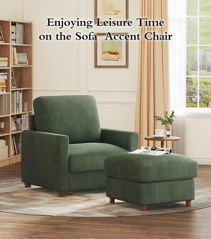 Kidirect 35.5in Corduroy Sofa Accent Chair, Tool-Free Setup Living Room Couch Accent Chairs, Reading Chair for Bedroom 22.5in Extra Deep Seats, Comfy Arm Chairs for Office, All-Wood Reading Nook Green