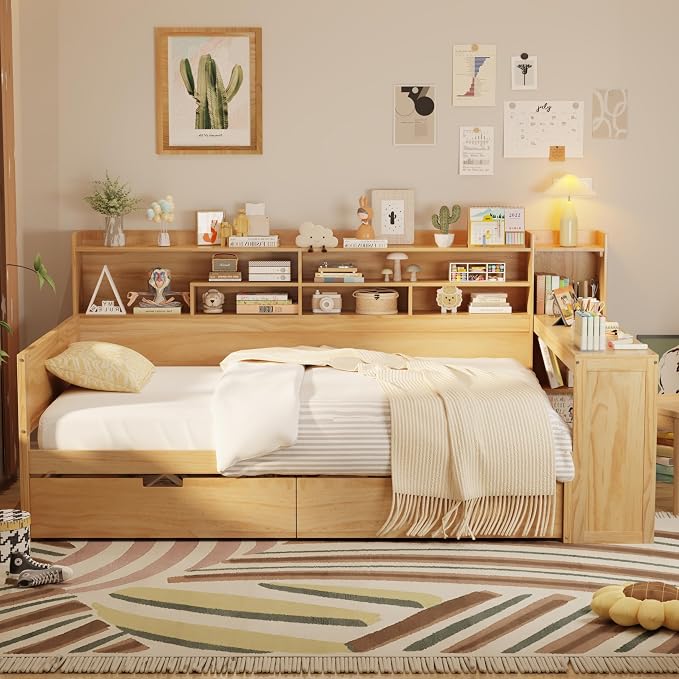 Merax Full Size Wood Daybed, Corner Bed Frame with Storage Shelves, 2 Drawers & Study Desk & Built-in Workspace, Multi-Functional Wooden Bed Space-Saving for Bedroom, Dorm, Guest Room, Natural