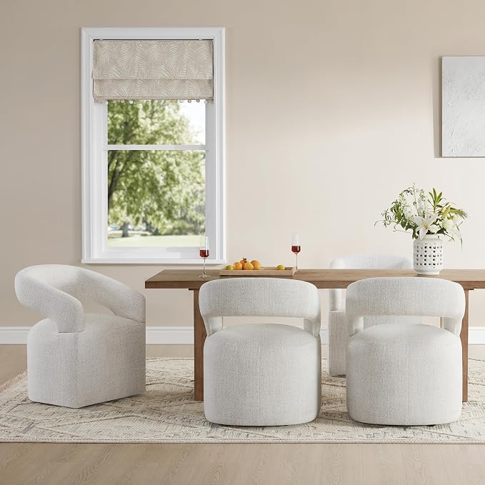 KISLOT Upholstered Dining Chairs Set of 2, Modern Rolling Dining Chairs with Hidden Casters, Arm Kitchen Chairs with Linen Look Fabric, Padded Barrel Chairs for Dining Room, Kitchen, Bedroom, Beige
