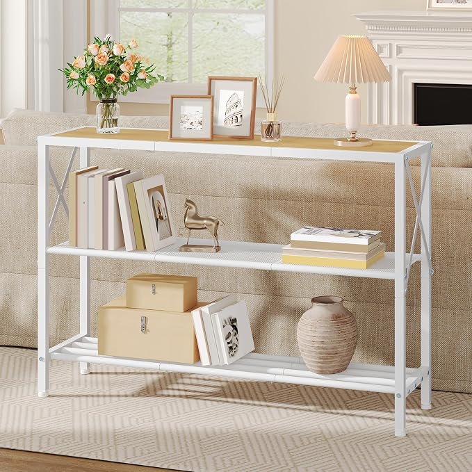 Hoctieon Industrial Console Table, 3 Tier Entryway Tables, Hallway Desk, Narrow Sofa Tables with Shelves, Entrance Table for Entryway, Living Room, Foyer, Hallway, Office, Oak Beige