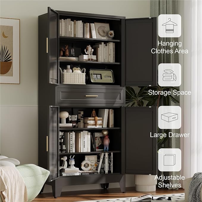 Baborokic 71" Tall Metal Storage Cabinet with Drawer and Adjustable Shelves,Farmhouse Kitchen Pantry Storage Cabinet with Doors,Large Wide Cabinets for Craft Room,Office,Dining Room,Kitchen(Black)