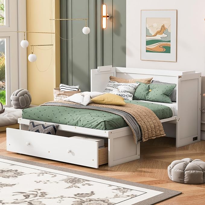 Merax Murphy Bed Cabinet Full Size with Storage Drawers, Chest Cube Bed for Guest Room, Built-in Sockets & USB Ports, for Home Office or Small Bedroom, White