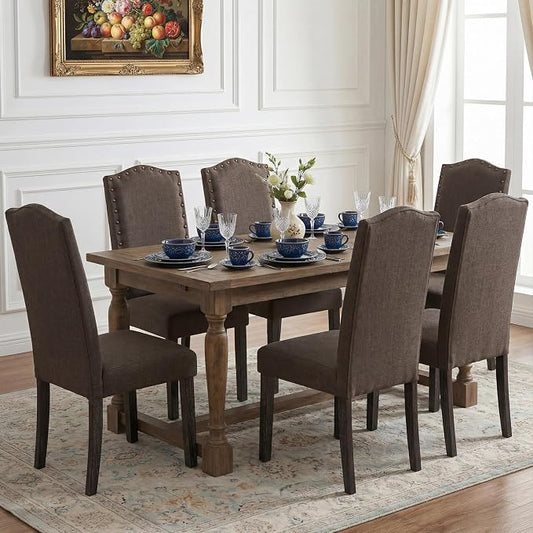 LSSBOUGHT Dining Chair Upholstered Parsons Kitchen Chair with Copper Nails and Solid Wood Legs (Taupe-Fabric, Set of 6)