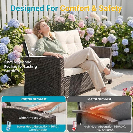 FansaFurn 4 Piece Outside Furniture, Wicker Patio Furniture Set, All Weather Outdoor Patio Sofa with Cushion and Acacia Wood Table, Outdoor Sofa for Backyard, Porch, Lawn, Patio, Deck, Garden, Beige