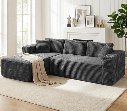 Vongrasig 103" Boneless Sectional Couches for Living Room, L-Shaped Chaise Modular Cloud Couch with Cup Holders on Armrests, Plush Corduroy Comfy Sofa with Memory Foam, No Assembly Required (Grey)