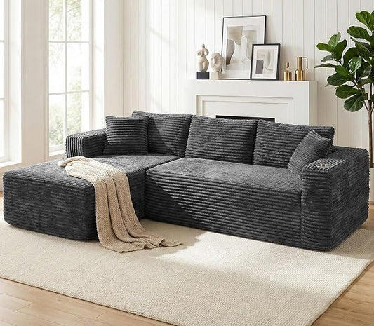 Vongrasig 103" Boneless Sectional Couches for Living Room, L-Shaped Chaise Modular Cloud Couch with Cup Holders on Armrests, Plush Corduroy Comfy Sofa with Memory Foam, No Assembly Required (Grey)