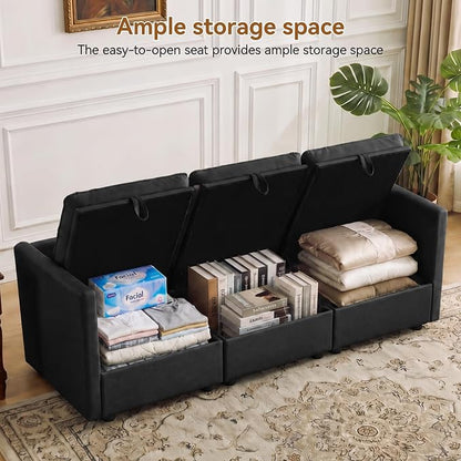 80" Black Faux Leather Storage 3 Seater Sofa, Modular Sectional Cloud Sofa | Modern Deep Seat Cloud Upholstered Sofa with Armrest, Convertible 3 Seater Comfy Sofa for Living Room, Bedroom, Small spaces
