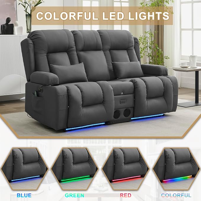 URRED Power Loveseat Recliner Sofa with Massage and Heat, Wall Hugger Reclining Loveseat with Console, RV Couch Home Theater Seating with LED Lights for Living Room (Grey, 67" - 2 Seats)