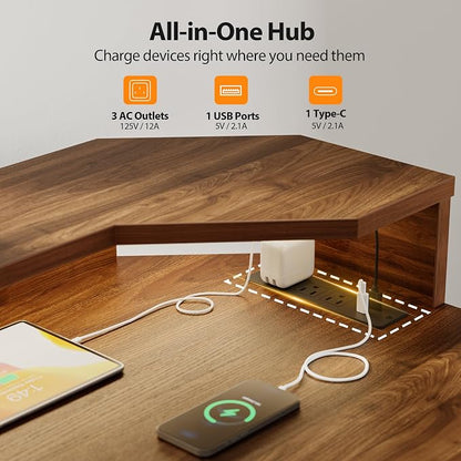 Agilestic 63 Inch L Shaped Electric Standing Desk with Shelf, Height Adjustable Large Desk with Power Outlets & LED, Corner Sit Stand Up Table with Monitor Stand, Computer Workstation, Dark Walnut
