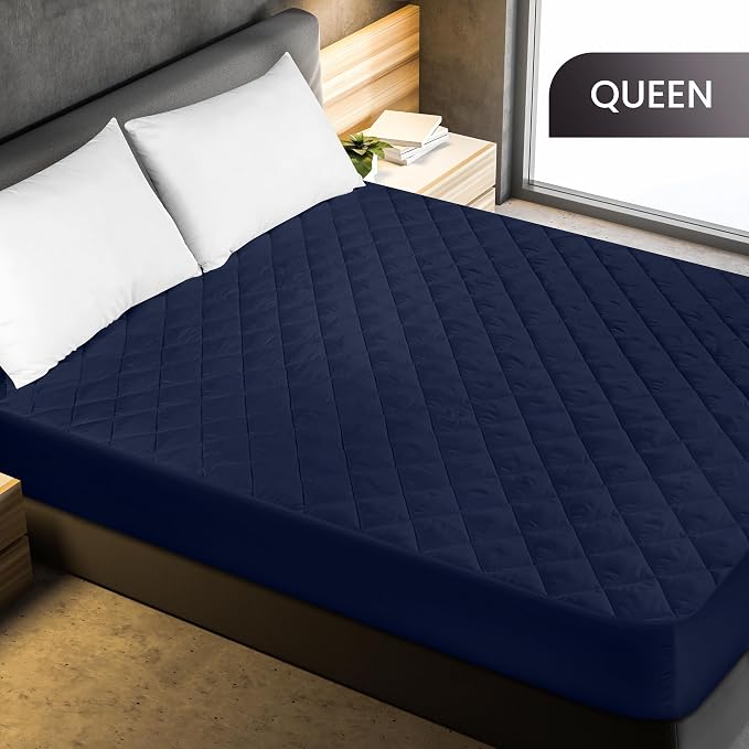 Quilted Fitted Mattress Pad, Queen Mattress Protector Topper with Deep Pocket Stretches up to 16 Inches, Machine Washable Mattress Cover by Utopia Bedding (Navy)