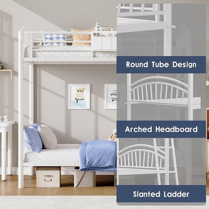 Decofy Metal Bunk Bed Twin Over Twin with Storage Bag, 2 Twin Size Beds with Safety Guard Rails and Anti-tip Nails for Teenager,Girls or Boys （White） | Convertible Ladder