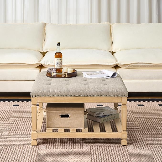 Befurtori Large Square Ottoman Coffee Table, Linen Solid Upholstered Footrest Ottoman with Solid Wood Shelf Storage Tufted Coffee Table for Bedroom Living Room-Gray Linen
