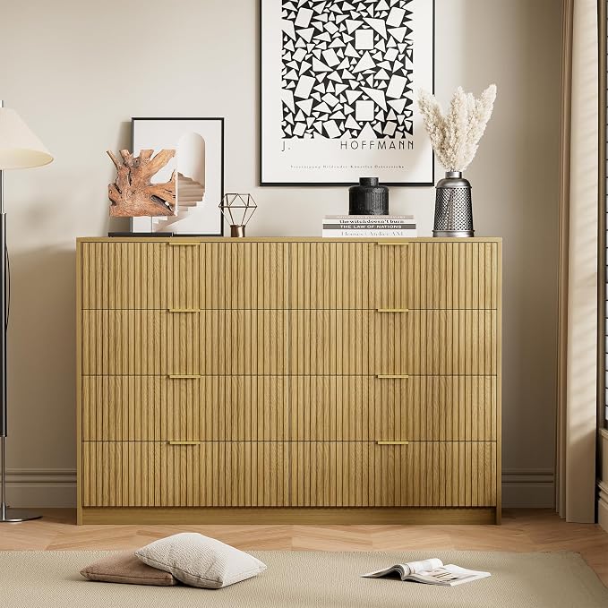 Furniway Mid Century Modern Dresser for Bedroom, 8 Drawer Wood Dresser with Fluted Front, 55" Wide Chest of Drawers for Closet, Living Room, Hallway, Natural Oak