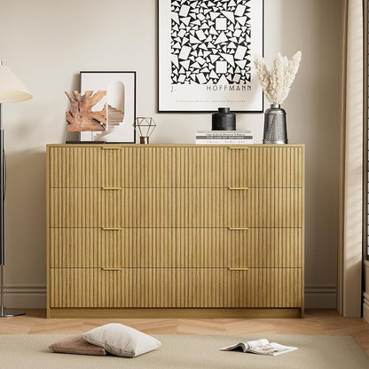 Furniway 3 Piece Bedroom Set, 8 Drawer Dresser and 3-Drawer Nightstand Set of 2 with Gold Handles, Mid-Century Modern Wood Chest of Drawers Storage Cabinet for Bedroom, Natural Oak