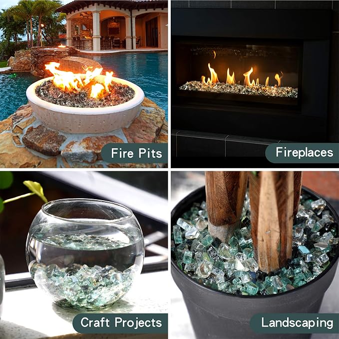 Mr. Fireglass 10 Pounds Blended Fire Glass, 1/4 Inch Mixed Colored High Luster Reflective Tempered Firepit Glass Rocks for Fireplace Fire Pit Table and Landscaping, Light Green, Onyx Black, Platinum