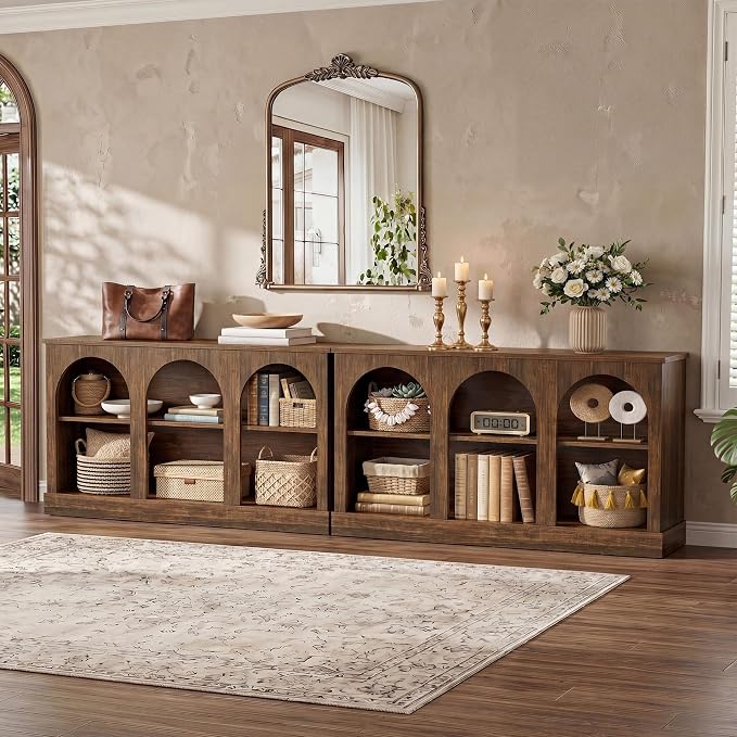 Tribesigns Farmhouse Console Table Set of 2, Extra Long Entryway Table with 3 Tier Storage, Wooden Rectangular Sofa Table Behind The Couch for Entrance, Hallway, Living Room, Dark Brown