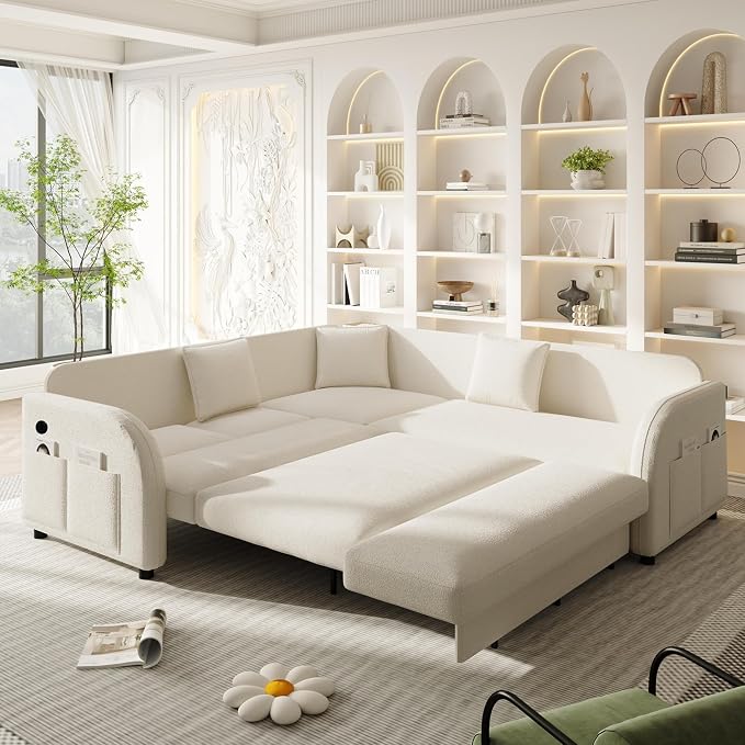 85.1" L-Shaped Pull Out Sofa Bed – Oversize Convertible Sleeper Couch with USB Ports & Side Storage, Teddy Upholstered Sectional for Living Room & Bedroom, Beige White