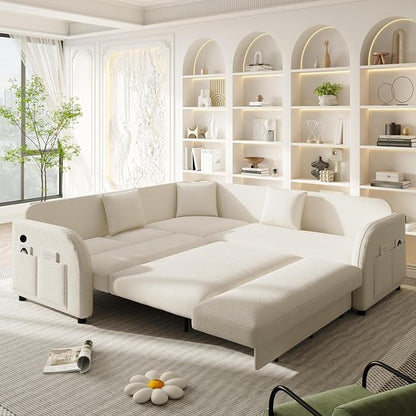 85.1" L-Shaped Pull Out Sofa Bed – Oversize Convertible Sleeper Couch with USB Ports & Side Storage, Teddy Upholstered Sectional for Living Room & Bedroom, Beige White