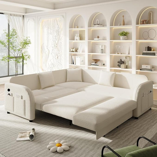 85.1" L-Shaped Pull Out Sofa Bed – Oversize Convertible Sleeper Couch with USB Ports & Side Storage, Teddy Upholstered Sectional for Living Room & Bedroom, Beige White