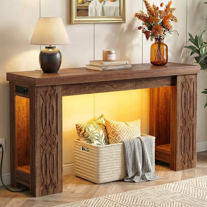 Cyclysio 47" Console Table with Outlet, Farmhouse Entryway Table with Colorful LED Lights, Wooden Sofa Table with Unique Carved Design, Foyer Accent Table for Entrance, Hallway, Living Room