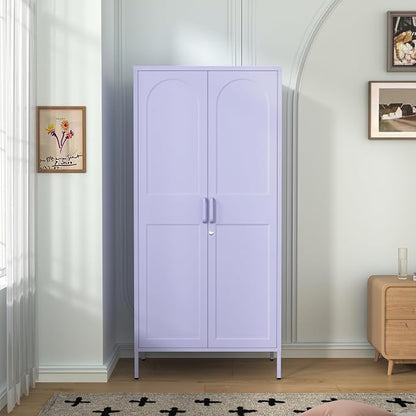 67" Industrial Lockable Metal 2-Door Wardrobe Storage Cabinet with Hanging Rod & Adjustable Shelves, Heavy Duty Multipurpose for Bedroom, Garage, Home Office, Purple 67" H X 31.5" W X 18.1" D