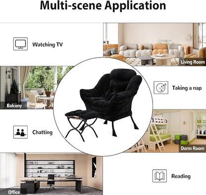Youtanic Lazy Chair with Folding Ottoman, Accent Chair Plush Upholstered with Metal Structure and Non-Slip Pads, Sofa Armchair with Footrest and Side Storage Bag for Dorm, Room, Office, Black