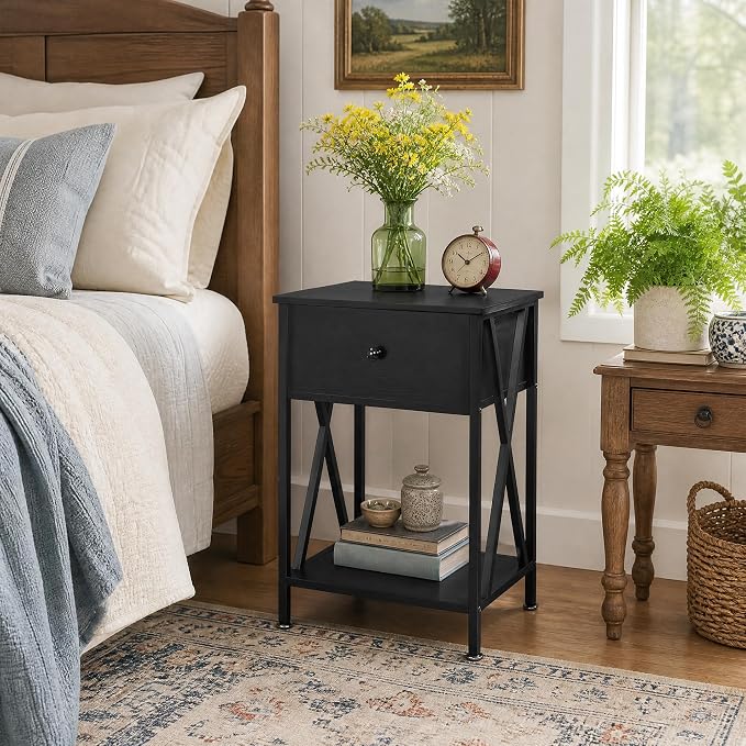 VECELO Nightstands, Modern End Side Tables,Night Stand with Drawer &Storage Shelf for Bedroom Living Room Office Lounge, 2, Black