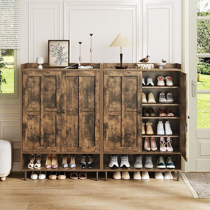 ComfyCorner Brown 7+1 Tier Farmhouse Shoe Storage Cabinet - 45" Tall Entryway Organizer with Cross Molding Doors, 3 Adjustable Shelves & Metal Legs, Shoe Rack for Front Door Entrance