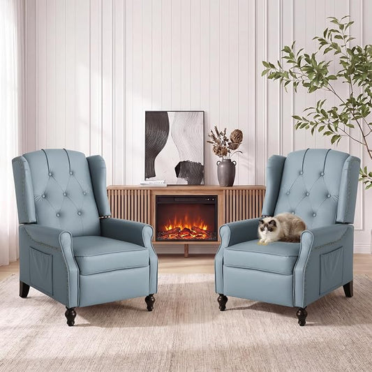 Wingback Recliner Chair with Massage & Heat, Cat-Proof Push Back Arm Chair, Recliner Chair for Living Room Bedroom Home Theater (2, Grayish-Blue)