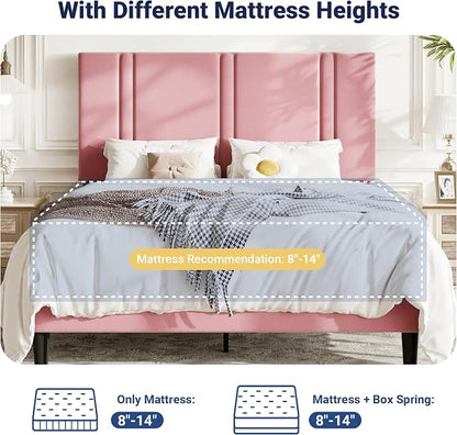 Allewie Full Size Platform Bed Frame with Adjustable Headboard, Plush Velvet Upholstered, Vertical Channel Tufted, Sturdy Wooden Slats, No Box Spring Needed, Easy Assembly, Pink