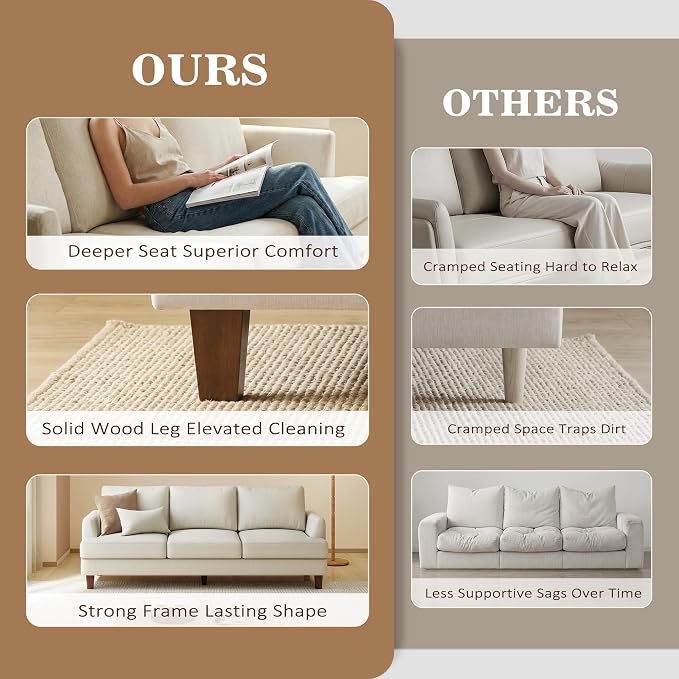 Gericco Mid Century Modern Couches for Living Room, 89" Comfy Couch Sofa with 3-Seater Deep Seats, Upholstered Sofas for Living Room, Office Apartment, Bedroom, Beige