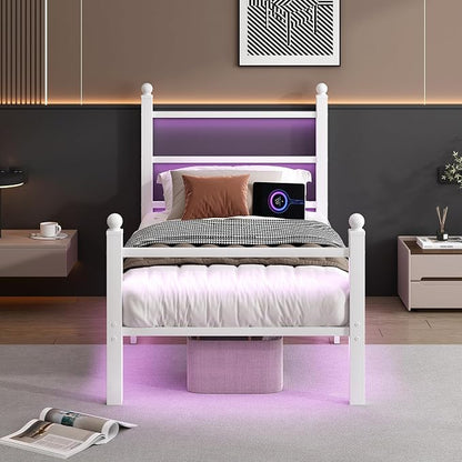 CLIBFENG Twin Bed Frame with Headboard and Footboard,Steel Slats Support-LED Bed Frame with USB Charging Station,Mattress Foundation-Under Bed Storage,No Box Spring Needed,Noise Free,White