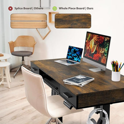 SHW 48-Inch Electric Height Adjustable Desk with Keyboard Tray and 2 Drawers, Rustic Brown