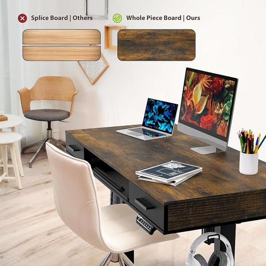 SHW 48-Inch Electric Height Adjustable Desk with Keyboard Tray and 2 Drawers, Rustic Brown