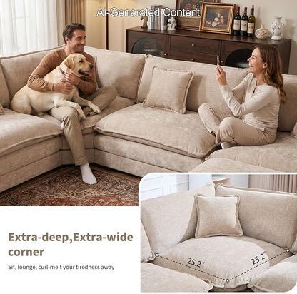 GNIXUU Cloud Couch Oversized Modular Sectional Sofa for Living Room, Modern Chenille 7 Seater Corner Sofa with Deep Seat, Large U-Shaped Couch Set for Spacious Space Apartment, Camel