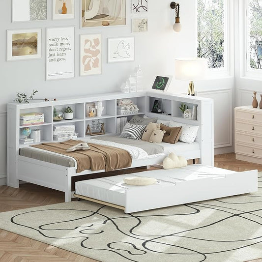 Bellemave Twin Corner Bed Frame with Trundle, Wood Twin Daybed with L-Shaped Bookcase，Daybed with Storage Cabinets, White