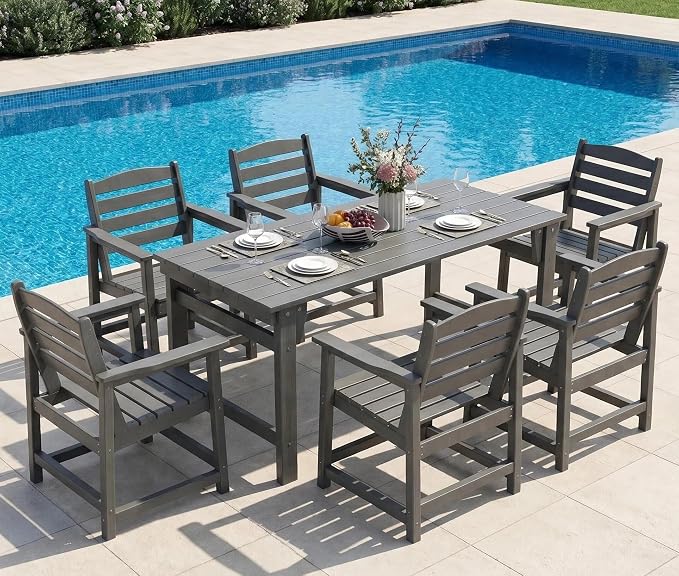 Furnimart 7-Piece Outdoor Dining Set, 67" HDPE Dining Table and Chairs for 6, All-Weather Patio Dining Set with Umbrella Hole, Outdoor Furniture Set for Backyard, Garden, Lawn & Poolside, Grey