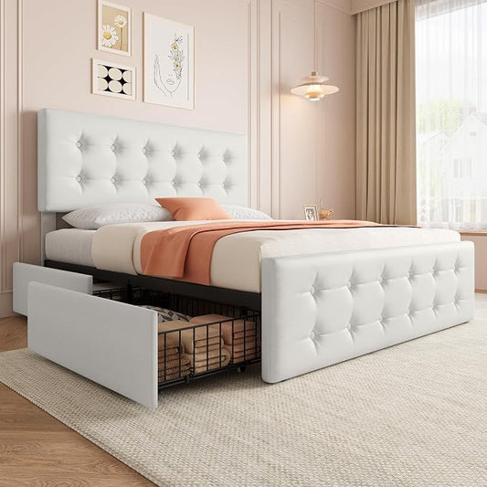 IDEALHOUSE Full Size Bed Frame with 4 Storage Drawers and Headboard, Faux Leather Upholstered Platform Bed Frame with Wooden Slats Support, Button Tufted Design, No Box Spring Needed, Beige