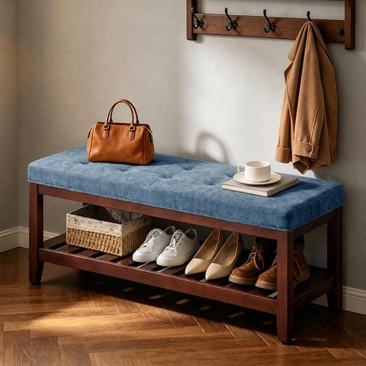 HUBSON 44" Entryway Shoe Bench, Upholstered End of Bed Bench with Solid Wood Shelf, Button Tufted Shoe Bench for Bedroom, Hallway, Living Room, Blue
