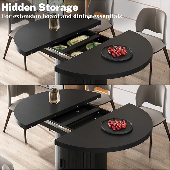 Vipbear Extendable Dining Table 43-59" for 4-6 People, Solid Wood Top with Fluted Slide Door & 8-Compartment Storage, Space Saving Round Dining Room Kitchen Dinner Tables with Pedestal Base (Black)
