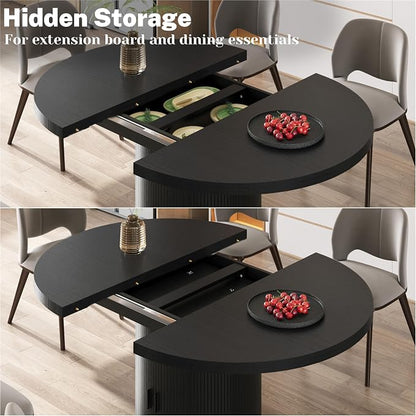 Vipbear Extendable Dining Table 43-59" for 4-6 People, Solid Wood Top with Fluted Slide Door & 8-Compartment Storage, Space Saving Round Dining Room Kitchen Dinner Tables with Pedestal Base (Black)