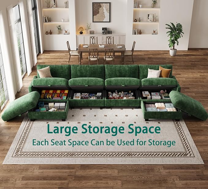 Modular Sectional U Shaped Sofa Couches for Living Room, Cloud Couch with Storage Ottoman, Comfy Chenille Sofa with Pillow, Green