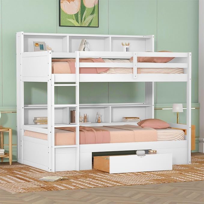 RUNNA Twin Bunk Bed with Storage Drawer, Shelves,Ladder, White | Twin bunk bed with storage drawer, shelves, ladder, guardrails, solid wood, no box spring needed, white, kids teens