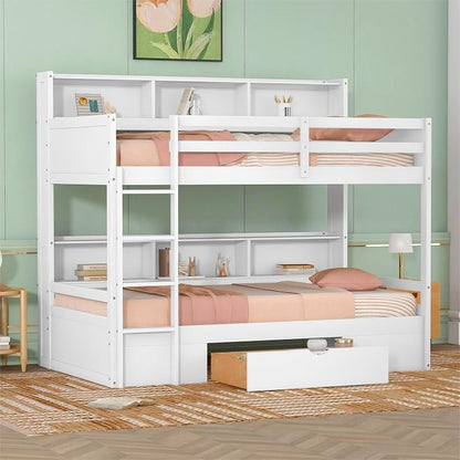 RUNNA Twin Bunk Bed with Storage Drawer, Shelves,Ladder, White | Twin bunk bed with storage drawer, shelves, ladder, guardrails, solid wood, no box spring needed, white, kids teens